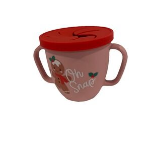 Modern Baby Toddler Silicone Snack Cup & Lid Pink Red‎ Gingerbread "Oh Snap" New